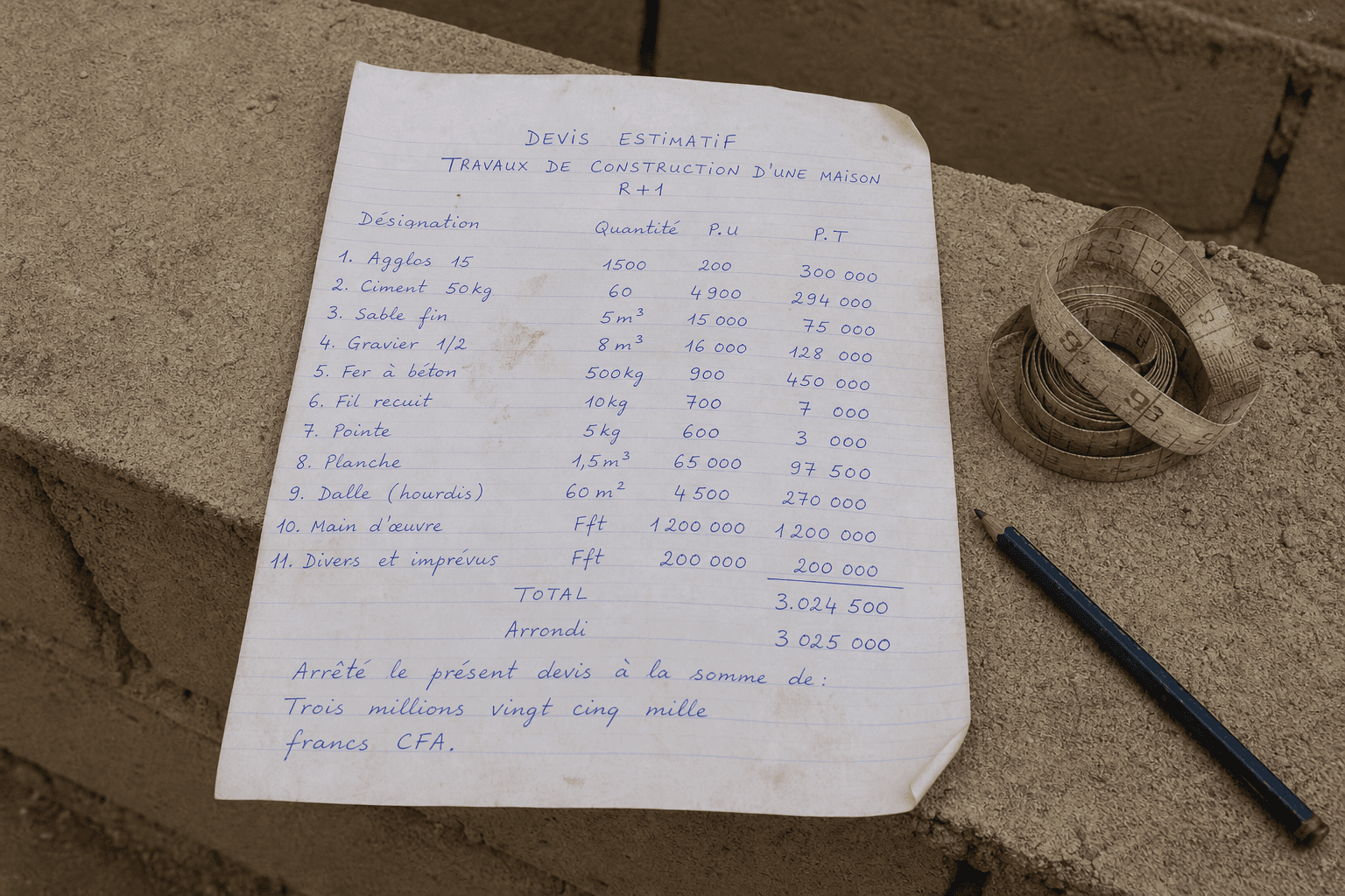 Devis reçu par WhatsApp — maison R+1 — 3 025 000 FCFA — 11 lignes.